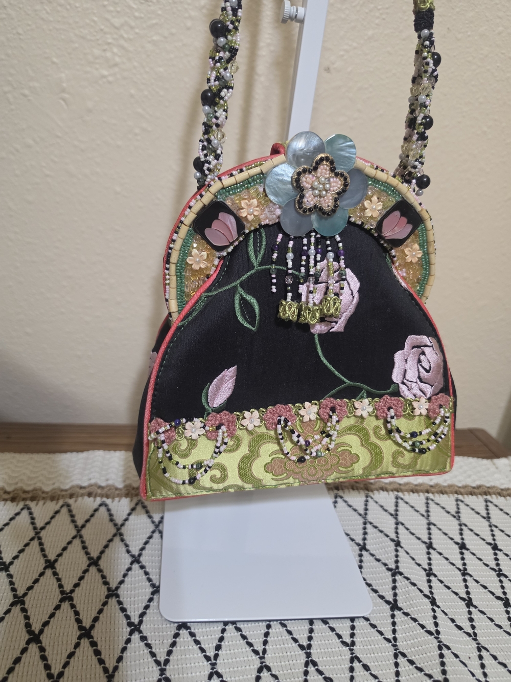 Mary Frances Black Floral Embroidered Beaded Shoulder Bag with Green Accents
